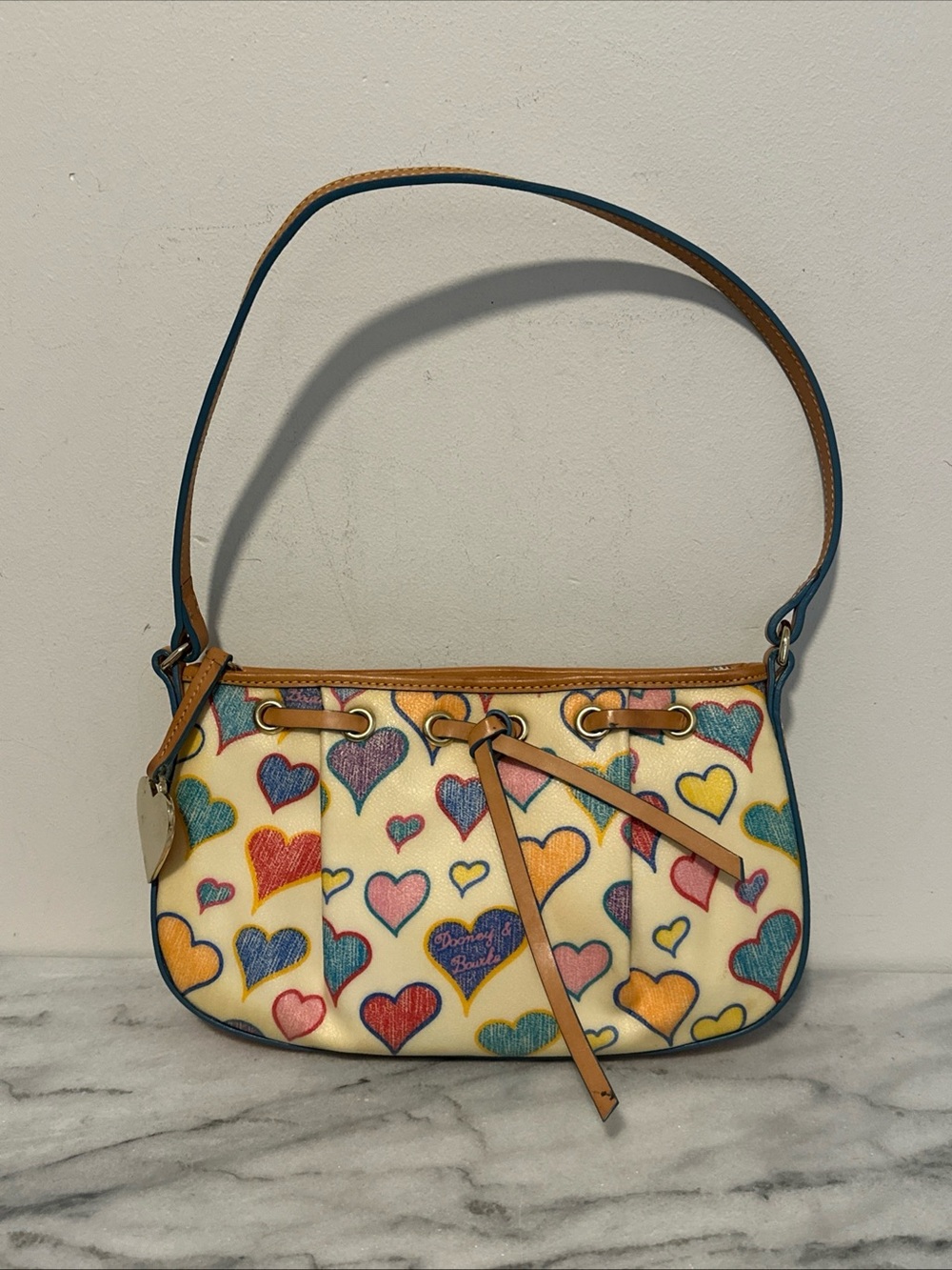 Dooney & Bourke Cream Multi Heart Print Mini Shoulder Bag with Pink Heart Charm